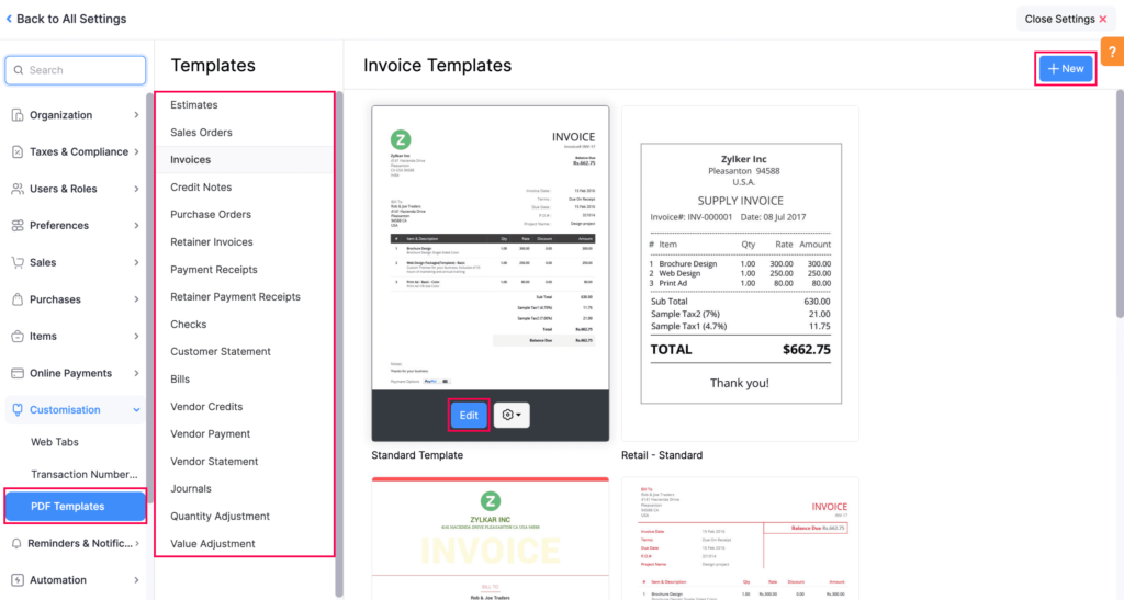  Customized invoice template in Zoho Books with logo and payment link options