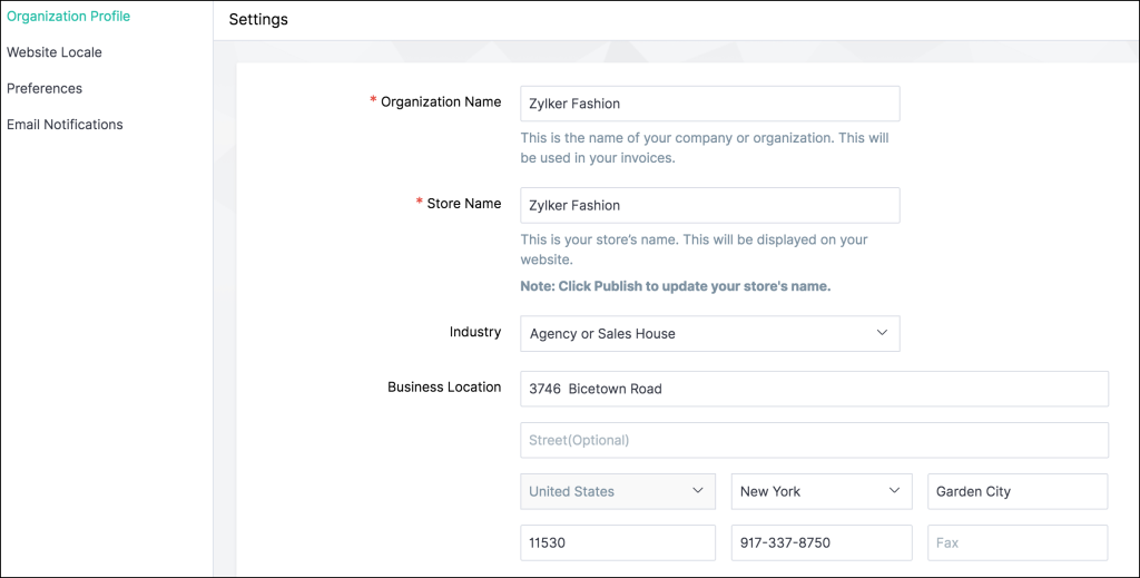 Organization profile setup page in Zoho Books showing company details and logo upload option